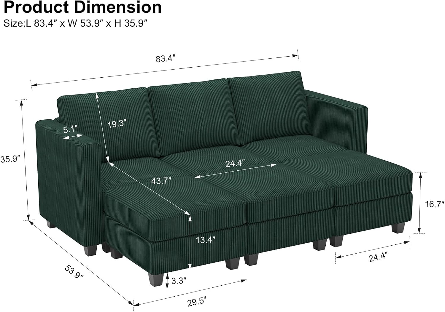 Belffin Corduroy Sectional Sleeper Sofa with Storage Ottoman, Modular Luxury Sectional Sofa with Chaise, Convertible Modern Sectional for Living Room, Green