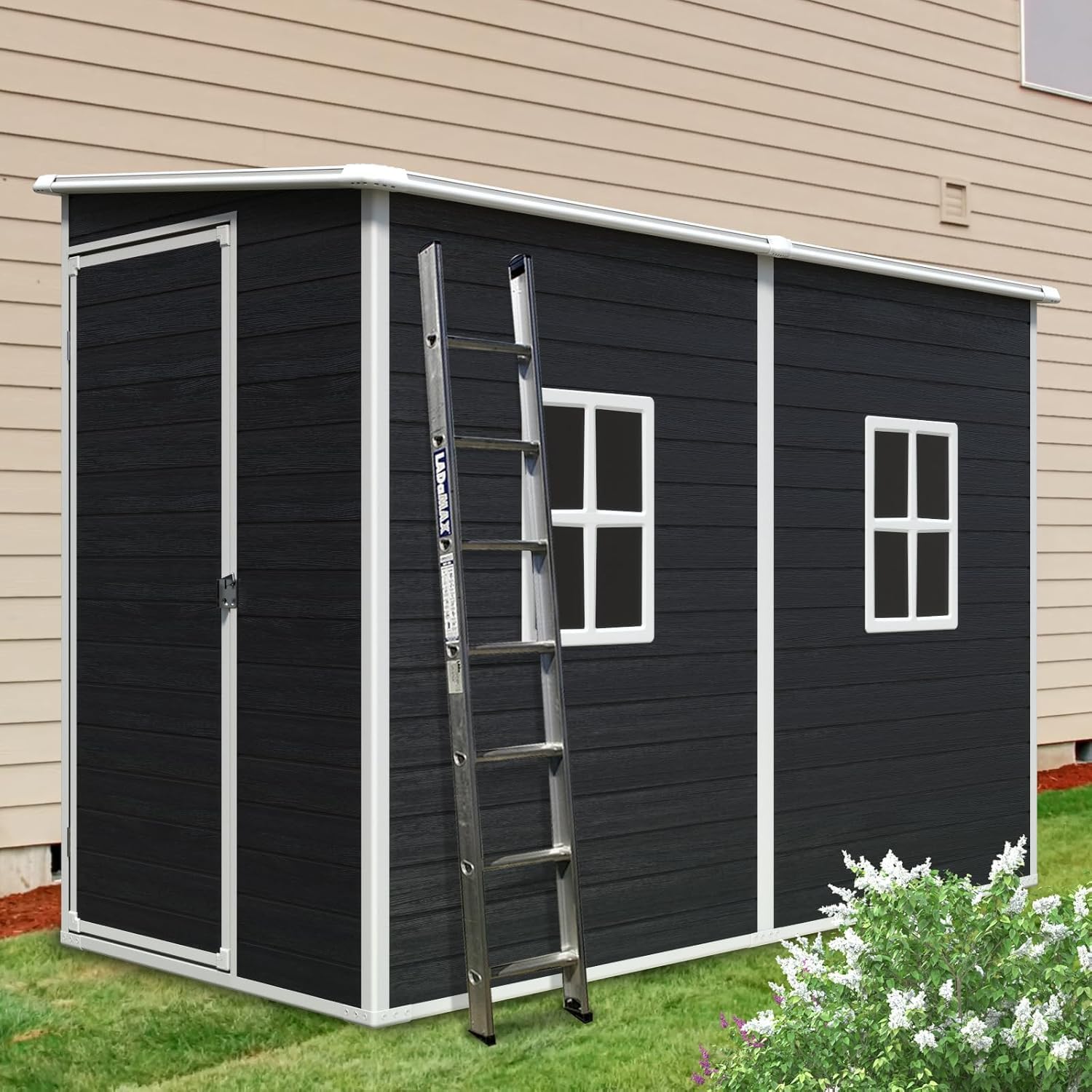 KUIKUI 8x4 FT Shed with Floor Included, Storage Sheds Plastic Sheds, Lean to Shedwith 2 Windows and Lockable Door, Backyard Storage Sheds for Garden Tools, Bike, Black