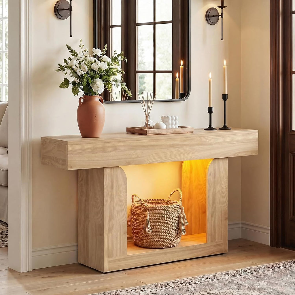 Homieasy Console Table, 47' Entryway Table with LED Lights & Charging Station, Farmhouse Wooden Sofa Table Behind Couch, Narrow Hallway Table for Living Room, Foyer, Entry, Natural Oak
