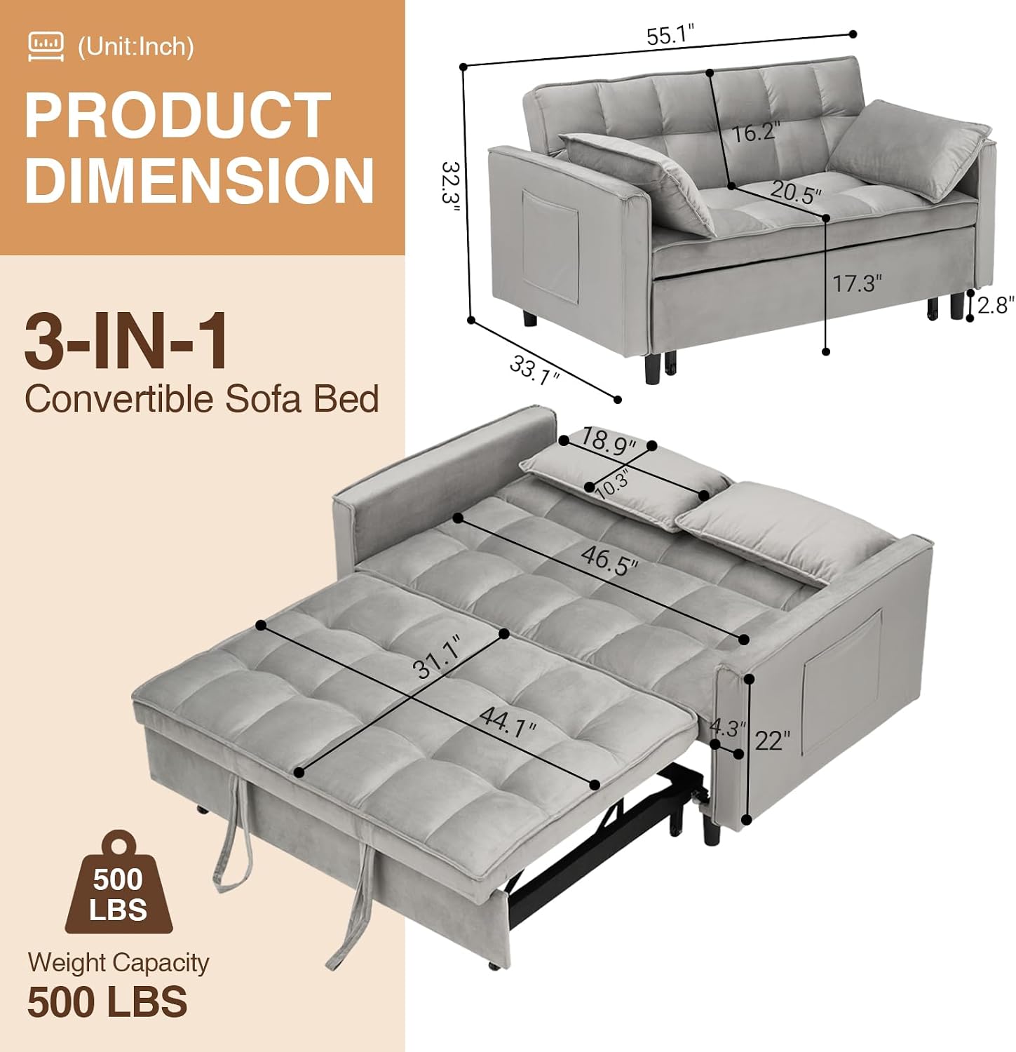 CAPCAEK 3 in 1 Convertible Sleeper Sofa Bed, Modern Velvet Loveseat Pull-Out Couch w/Pullout Bed, Small Love Seat Lounge Sofa w/Reclining Backrest,Toss Pillows, Pockets, for Living Room (Grey, 55.1)