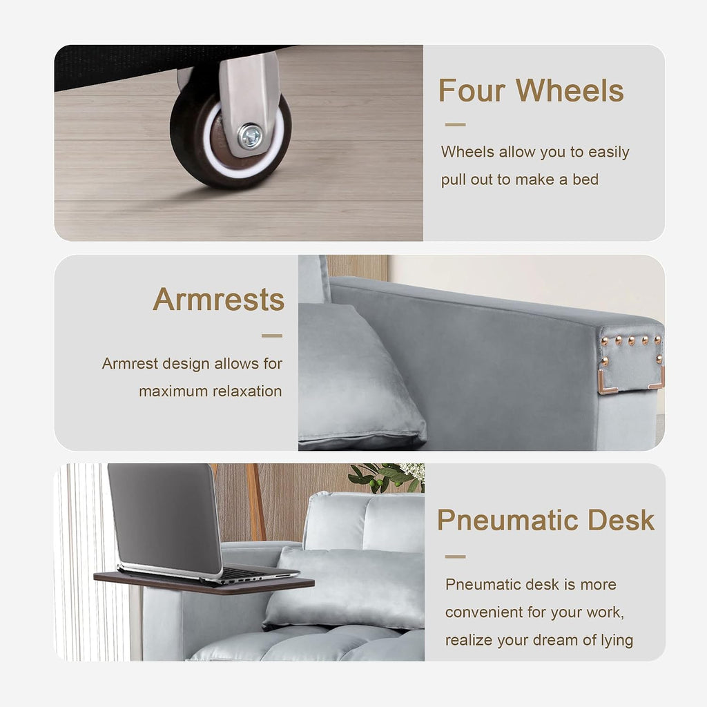 weselon Velvet Convertible 3 in 1 Sleeper Sofa Bed, Small Upholstered Loveseat Pull Out Couch, Multi-Functional Sleeper Futon with Hidden Table and Adjustable Backrest for Living Room (Gray)