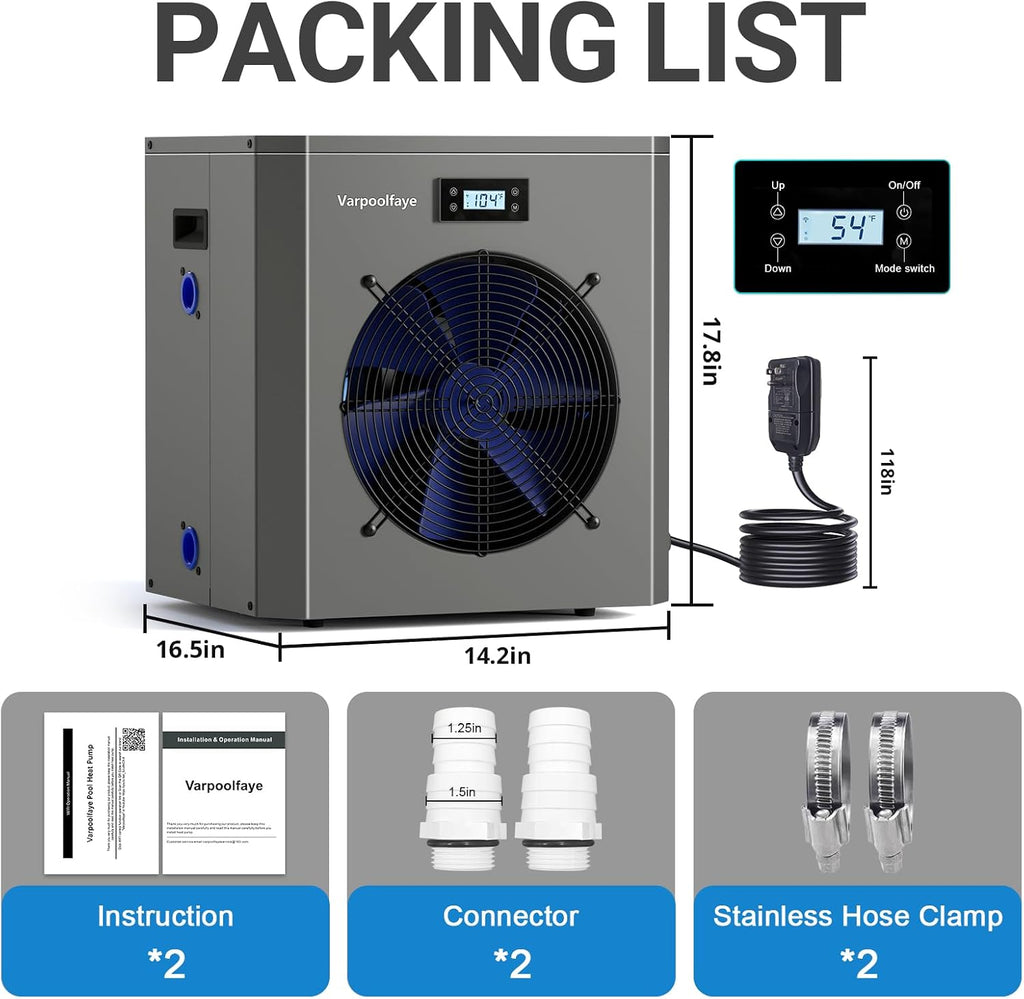 16000 BTU Swimming Pool Heat Pump 5000 Gallon Electric Pool Heater for Above Ground Pool 5KW Heating or Cooling WiFi Control Timer Pool Heater 110V 60Hz