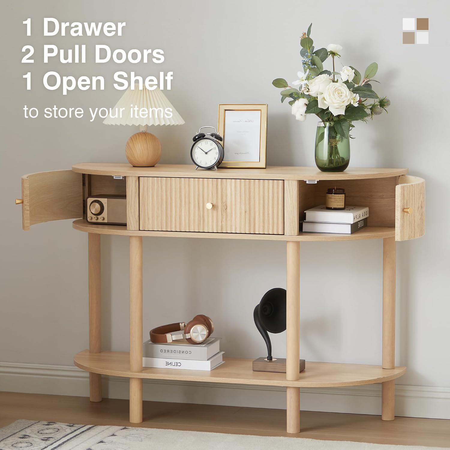 XUZENEST 43.3' Fluted Half Moon Console Table, Modern Entryway Console Sofa Table with Storage, Narrow Wood Accent Tables Behind Couch Tables for Living Room, Hallway, Foyer(Natural)