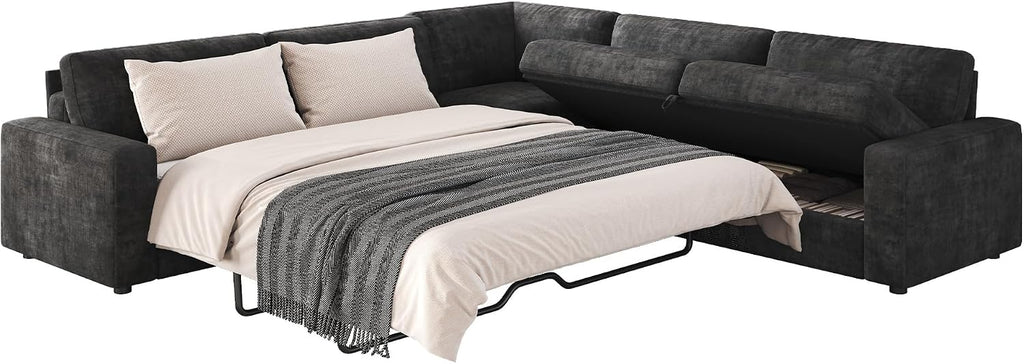 AMERLIFE 106' Oversized Sofa Bed, Sectional Sleeper Sofa with Pull Out Bed, 3 in 1 Convertible Sofa Bed, L Shaped Couch with Storage, High Resilience Mattress, Chenille Grey