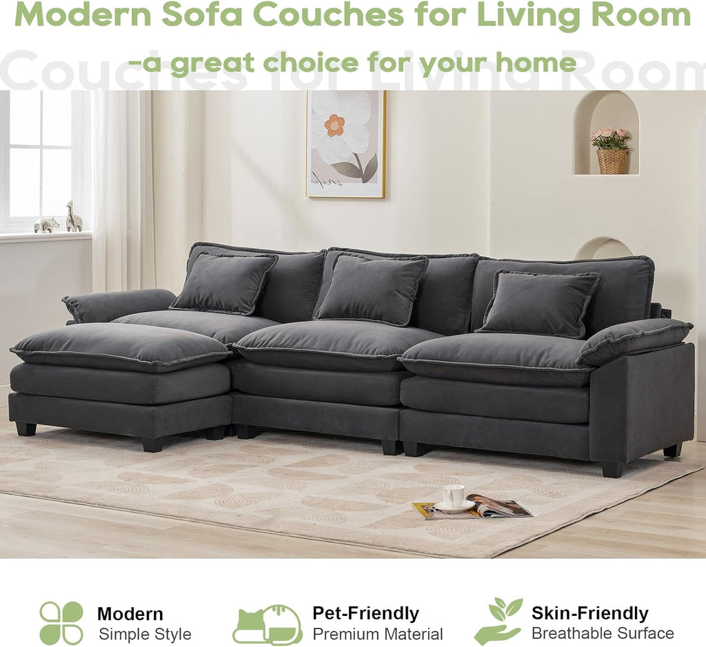 Oprisen 120' Modular Sectional Sofa, Comfy Cloud Couch Sectional Sofa with Ottoman, Velvet Sofa Sleeper Deep Seat Sofa with Throw Pillows for Living Room (Blue Gray, 120'- L Shape)