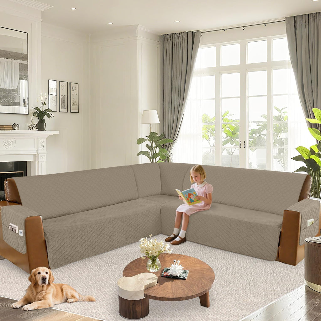 Arfntevss Waterproof Sectional Couch Covers L Shape Washable Velvet Sofa Cover for Sectional Non Slip Large Corner Slipcovers Dog 6 Pcs Universal U Shaped Furniture Protector (Camel, Large)