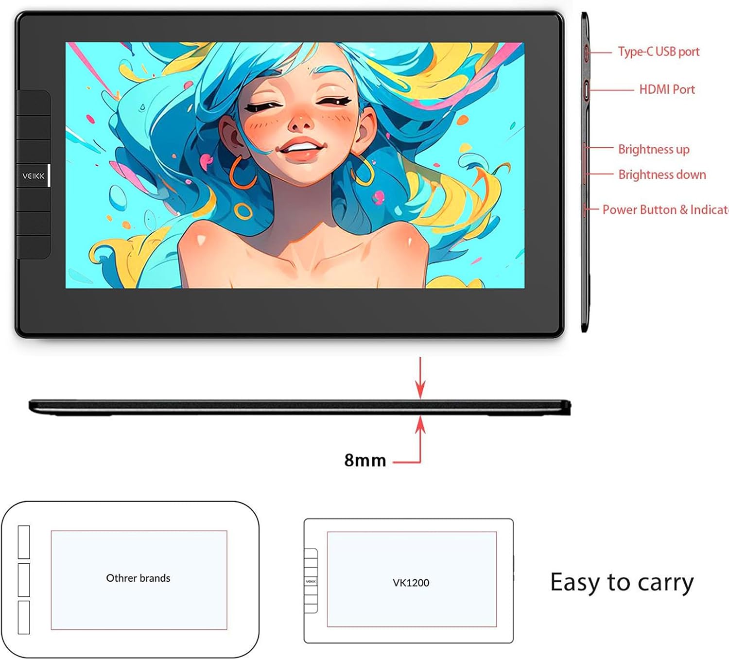 VEIKK VK1200V2 Drawing Tablet with Screen,11.6 Inch Full-Laminated Graphics Drawing Monitor,Upgraded 16384 Pressure Sensitivity, 2 Styluses, 120% sRGB,Graphics Tablet for PC Mac Linux Windows