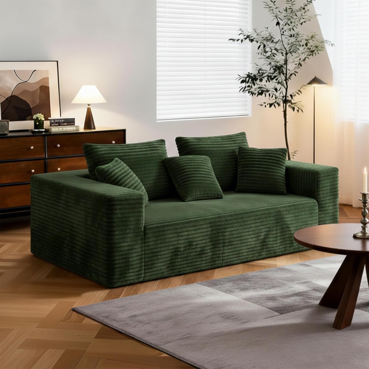 3-Seater Deep-Seat Corduroy Lounge Sleeper Sofa, No Assembly Frameless Foam Cloud Couch, Comfy Plush for Living Room Bedroom Apartment Dorm Office（Green）