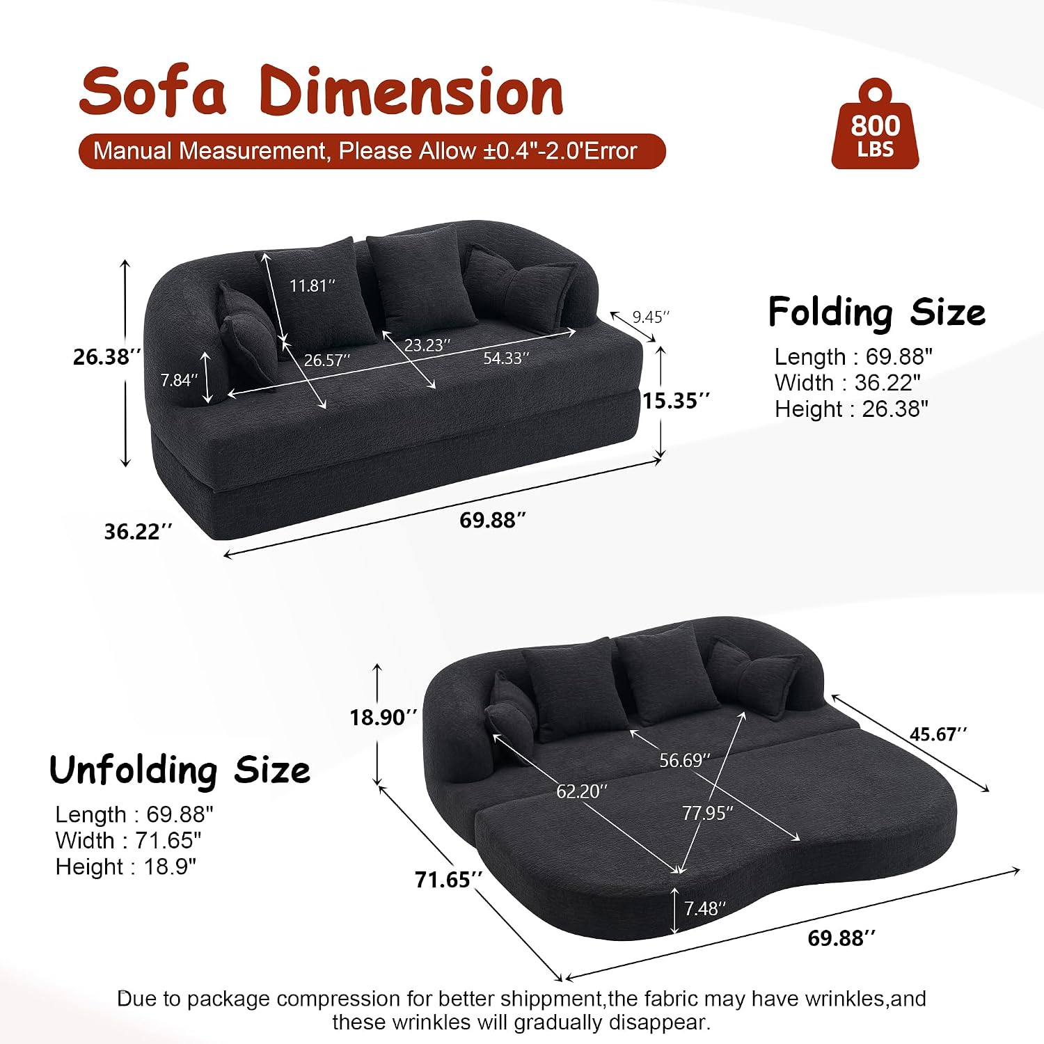 70' Convertible Sofa Bed, 2-in-1 Boneless Sleeper Sofa, Soft Chenille Folding Sofa Loveseat with 4 Pillows, Love Seat Small Couch for Small Spaces, Living Room, Bedroom, No Assembly
