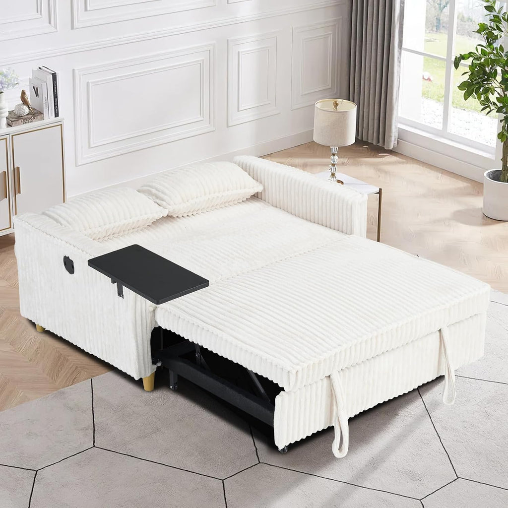 54'W Convertible Sleeper Sofa Bed,3-In-1 Corduroy Pull Out Couch Bed,Futon Loveseat Sleeper Couch with Adjustable Backrest & USB Ports & Side Table,Recliner for Office/Living Room/Small Space(Beige)