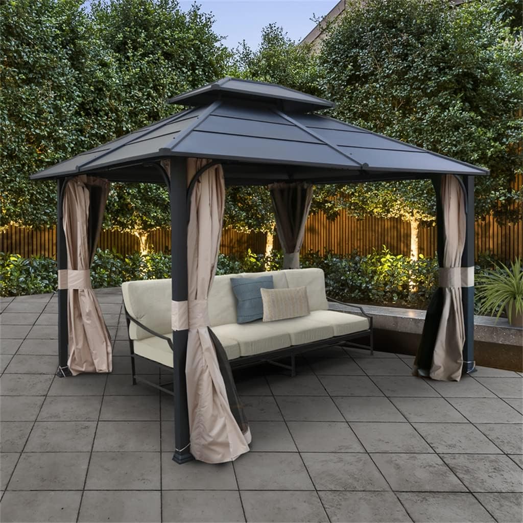 12 Ft. W X 14 D Metal Black 2-Tier Roof Patio Gazebo with Curtains and Netting(12 ft. x 10 ft)