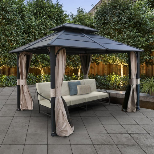 12 Ft. W X 14 D Metal Black 2-Tier Roof Patio Gazebo with Curtains and Netting(12 ft. x 10 ft)