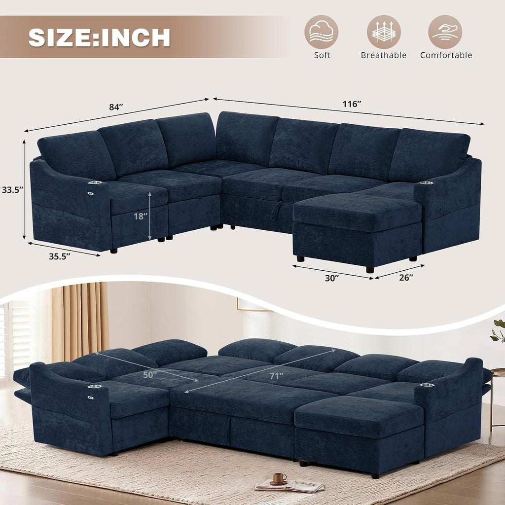 116' Chenille Modular Sofa Bed w/Adjustable Backrests, U-Shape Sleeper Sofa w/USB Ports & Storage Space, Convertible Corner Sectional Couch w/Pull Out Bed for House, Living Room, Blue