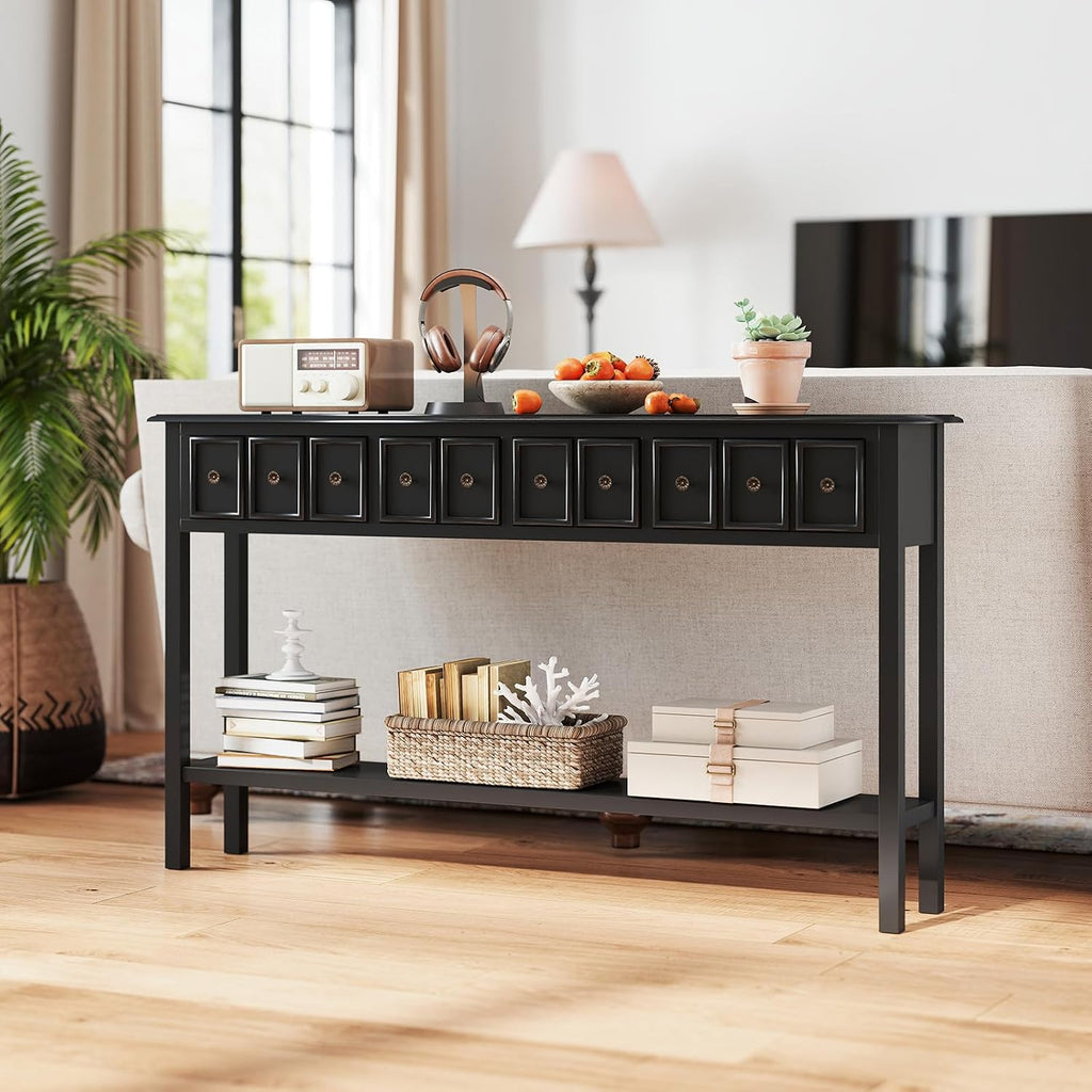 Giantex 60' Entryway Table, Long Narrow Console Table with 4 Drawers and Open Storage Shelf, Modern Slim Entry Tables, Farmhouse Wooden Sofa Tables with Anti-Tip Kit for Living Room, Hallway (Black)