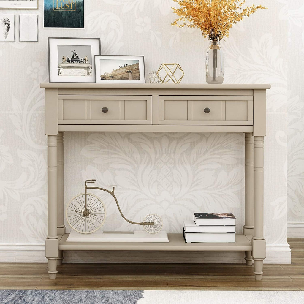 Knocbel 35.5 Inch Antique Entry Console Table with Drawers & Bottom Open Shelf, Solid Wood Sofa Couch Table for Entryway Hallway Living Room (Retro Grey)