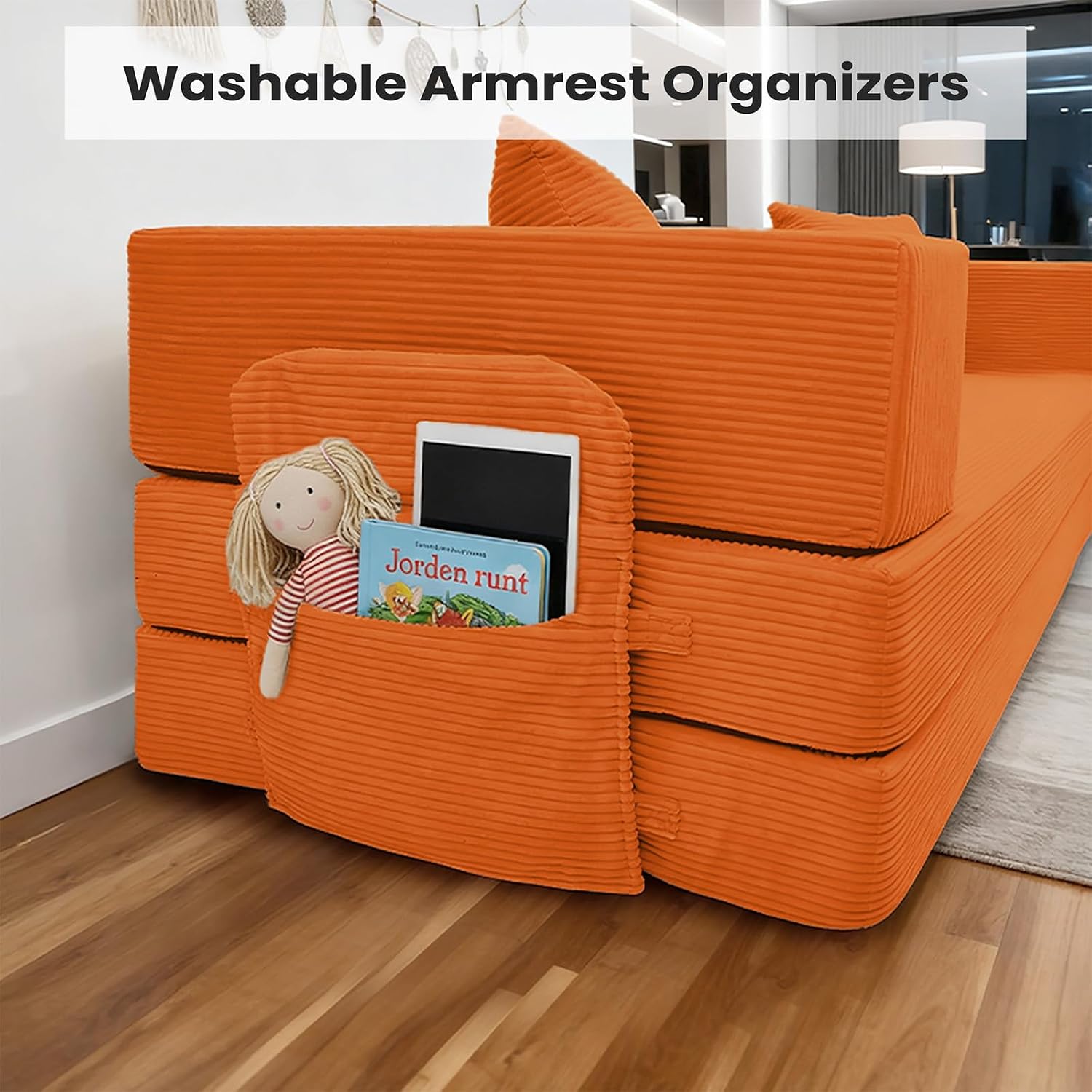 5‑in‑1 Futon Sofa Bed Queen–Floor Foldable Convertible Sofa Couch with L‑Shaped Armrests, Removable Cover, Orange Convertible Guest Bed | Space‑Saving Fold‑Out Mattress Lounge for Living Room/Bedroom