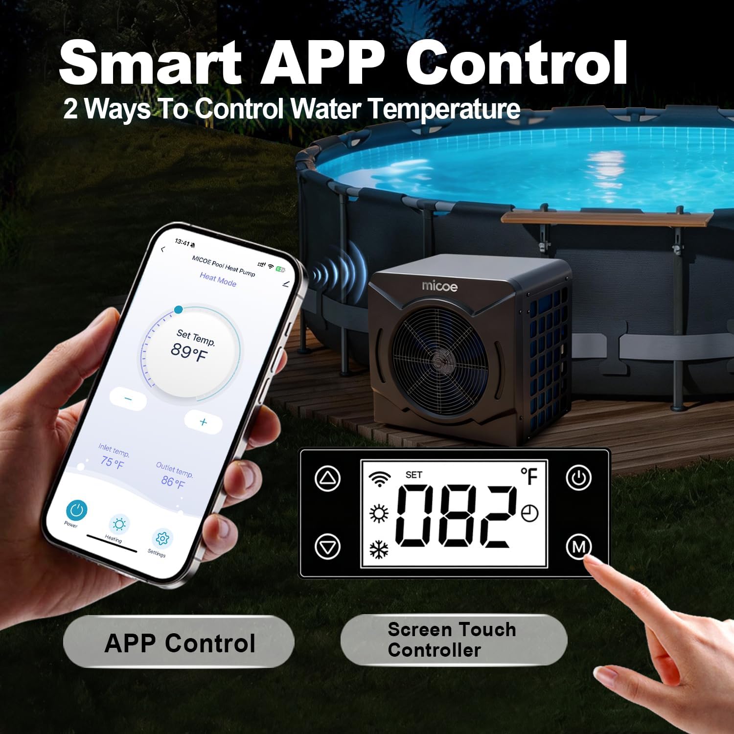 MICOE 18000 BTU Swimming Pool Heat Pump, Pool Heater for Above Ground & Inground Pools, Heating and Cooling up to 5,500 Gallons, High Efficiency COP 4.88, App Control, Titanium Heat Exchanger