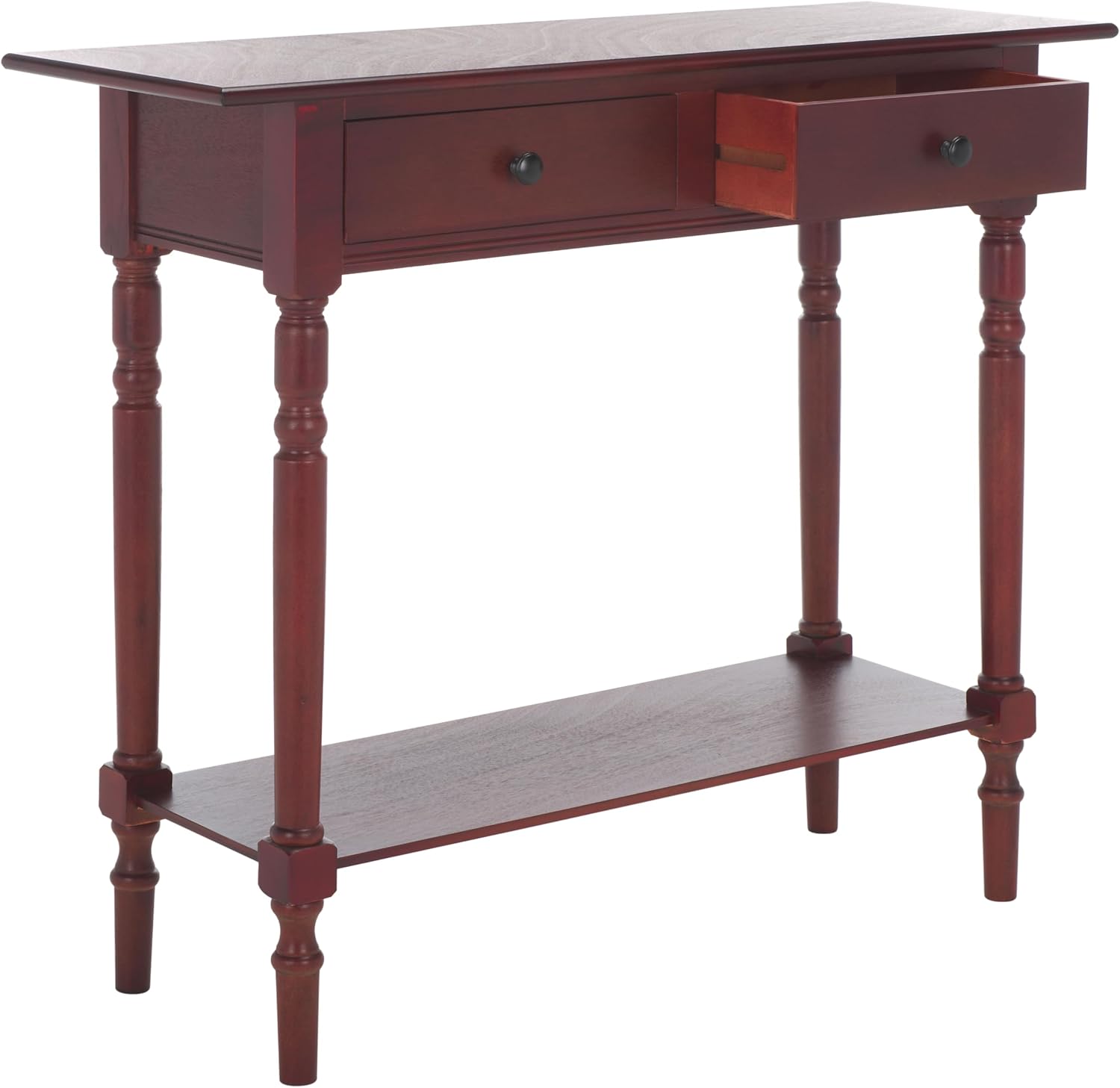 SAFAVIEH Home Collection – Rosemary Dark Cherry Console Table with Drawers & Shelf, Classic Contemporary Storage Console, Turned Leg Design (AMH5705D)