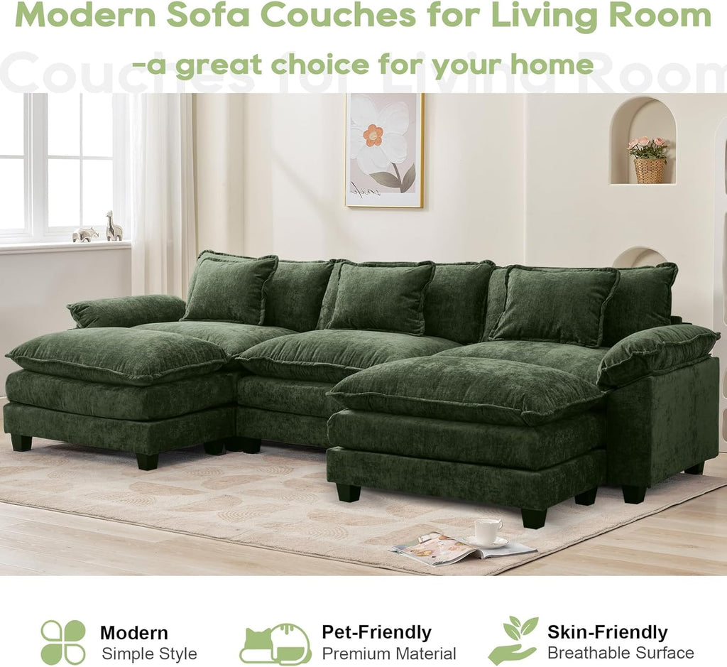 Oprisen 120' Modular Sectional Sofa, Comfy Cloud Couch Sectional Sofa with Ottoman, Chenille Sofa Sleeper Deep Seat Sofa with Throw Pillows for Living Room (Green, 120'- U Shape)