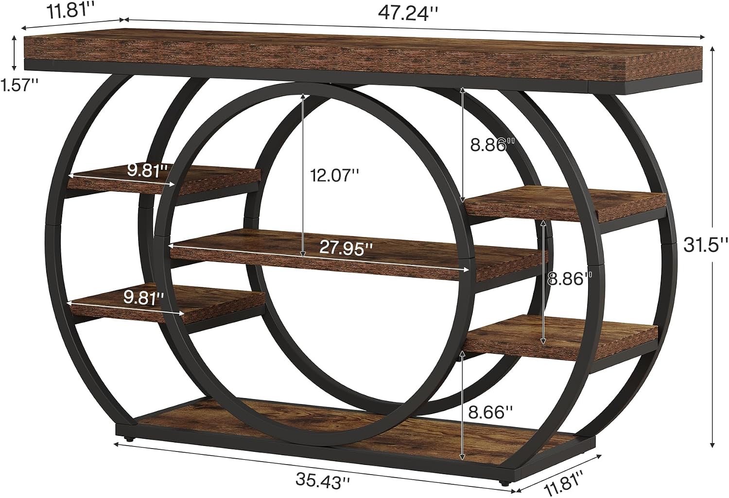Tribesigns 47' Console Table for Living Room, 5-Tier Industrial Entryway Table with Metal Frame, Narrow Sofa Table Behind Couch Accent Tables for Entryway, Hallway, Foyer, Rustic Brown