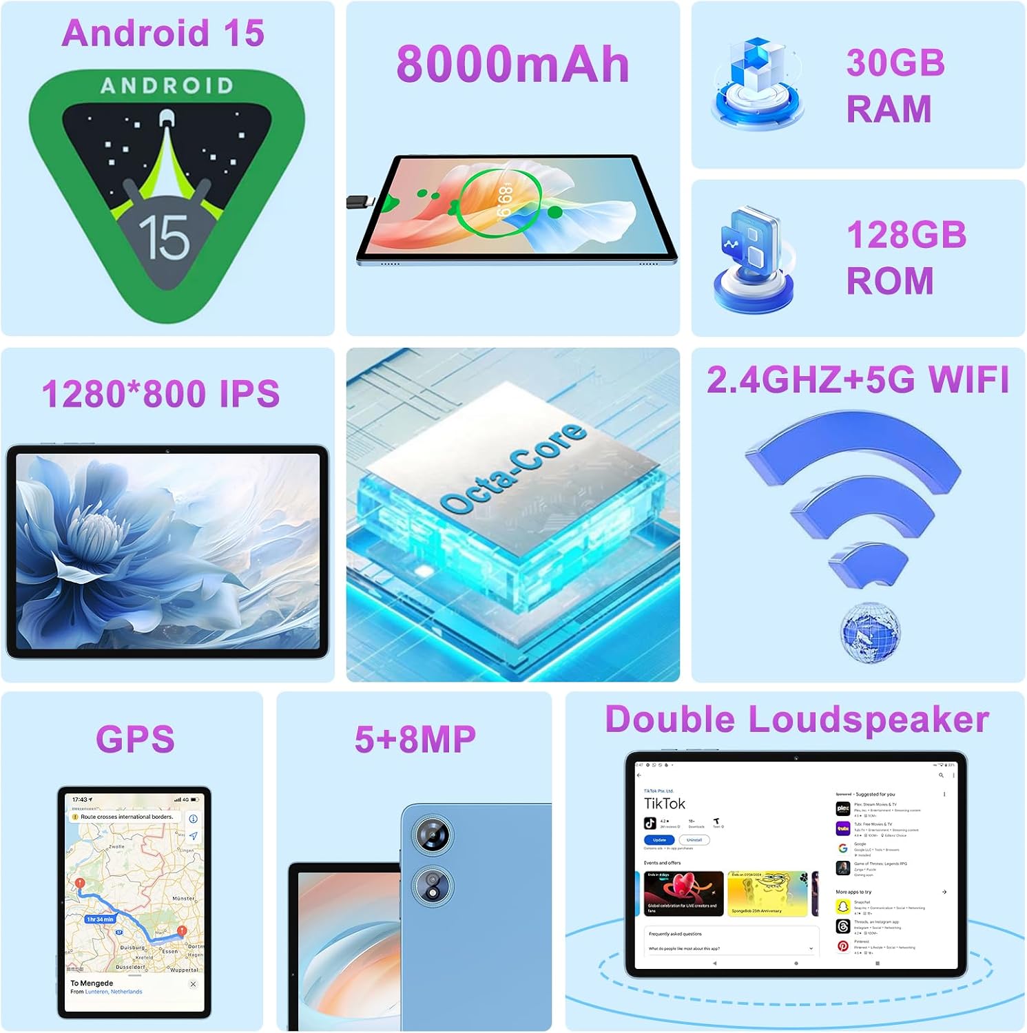 Tablet 10 inch Android 15 Tablets 30GB RAM 128GB ROM 1TB Expand, 8000mAh Octa-Core Tablets with Keyboard Mouse, HD IPS Display, Gemini AI, GPS, 5G WiFi, Widevine L1, Split-Screen - Metal Blue