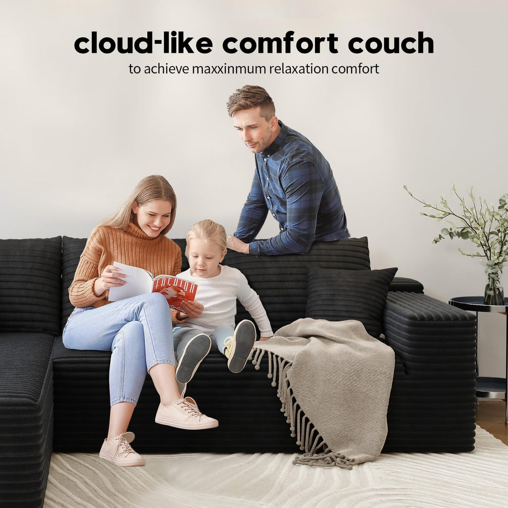 107.5' Cloud Modular Sectional Sofa Couch with L-Shape Chaise,Modern Minimalist Upholstered Couches for Living Room Bedroom,Deep Seat Corner Couch，No Assembly Required (Black,Left Facing Chaise)