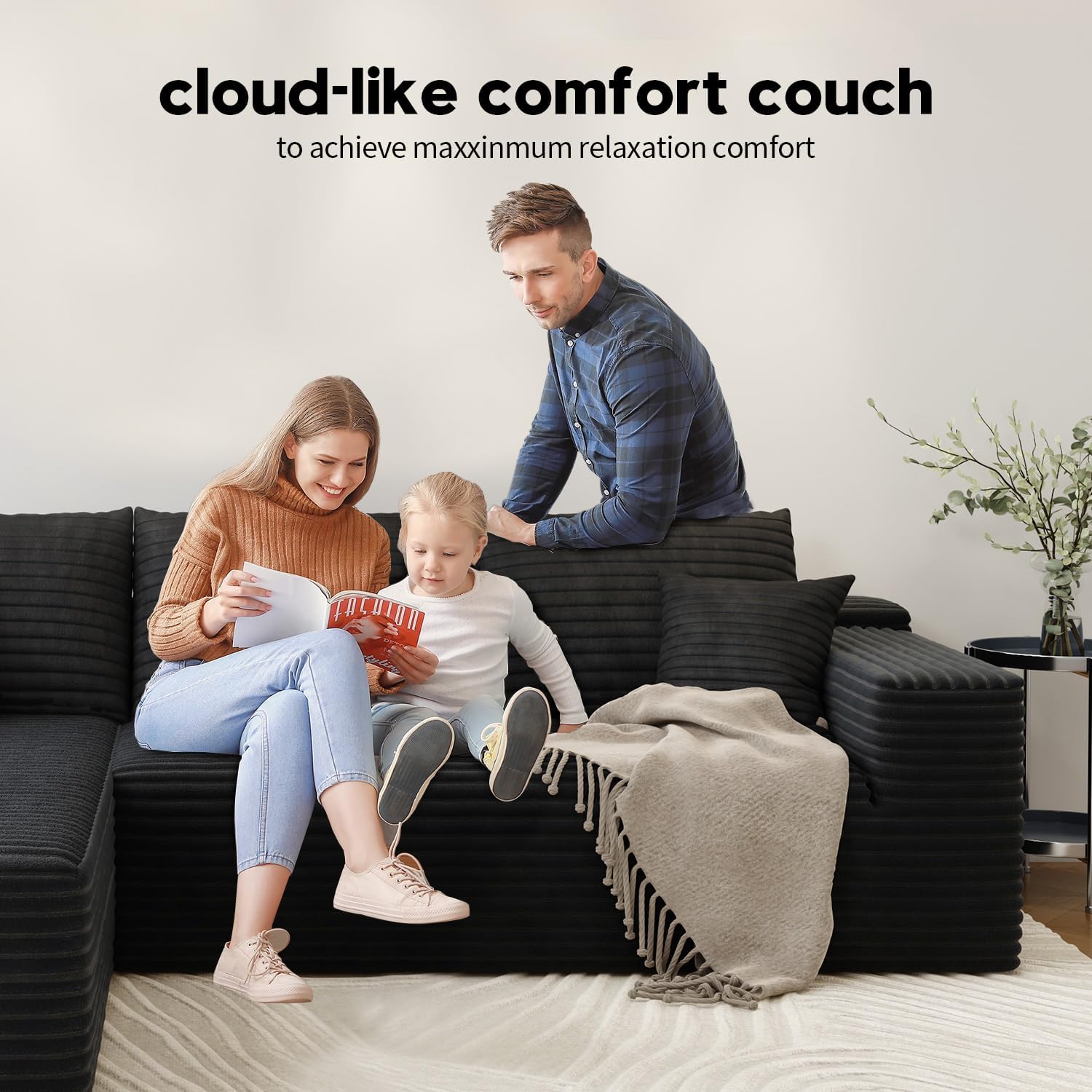 107.5' Cloud Modular Sectional Sofa Couch with L-Shape Chaise,Modern Minimalist Upholstered Couches for Living Room Bedroom,Deep Seat Corner Couch，No Assembly Required (Black,Left Facing Chaise)