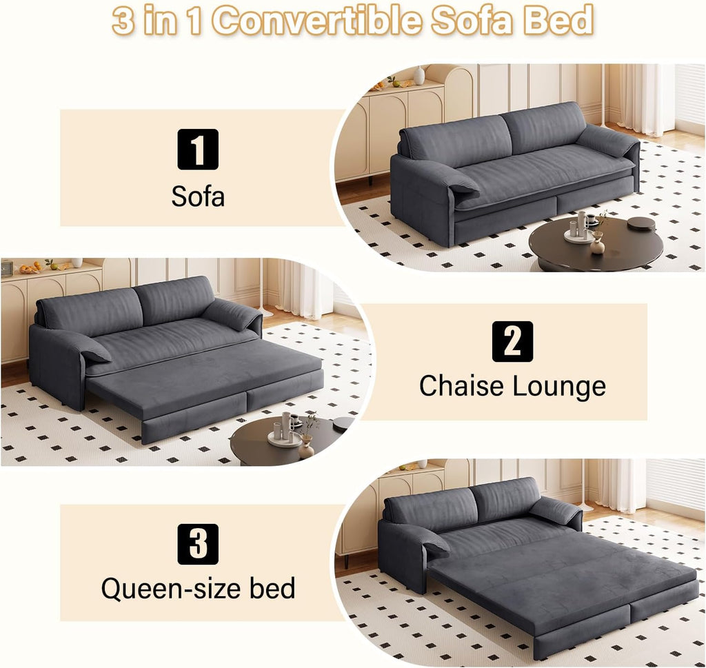 66' Sleeper Sofa Bed Queen Size, 3-in-1 Convertible Couch, Modern Pull Out Couches, Comfy Velvet Futon Sofa, Cloud Loveseat Lounge, Pillow Arm, for Small Spaces, Living Room, Apartment, Grey