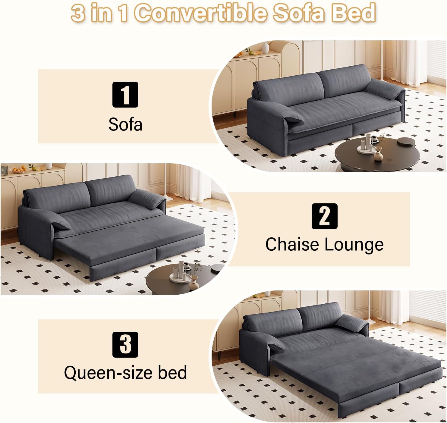 66' Sleeper Sofa Bed Queen Size, 3-in-1 Convertible Couch, Modern Pull Out Couches, Comfy Velvet Futon Sofa, Cloud Loveseat Lounge, Pillow Arm, for Small Spaces, Living Room, Apartment, Grey