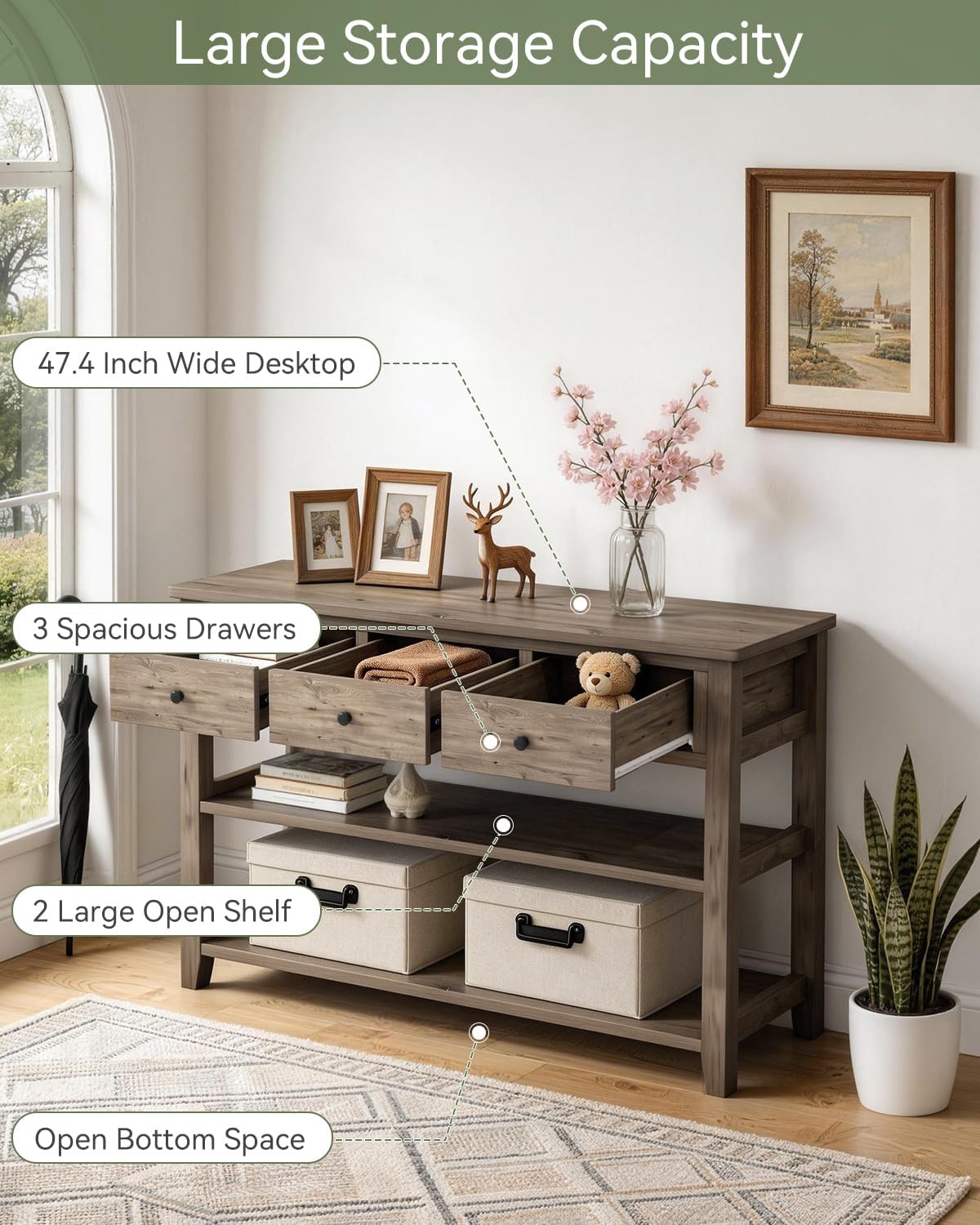 Karl home Console Table with 3 Drawers, 47' Farmhouse Wash Grey Entryway Sofa Table with Silent Slide Rails & Anti-Fall Guardrails for Hallway, Living Room, Foyer, Office