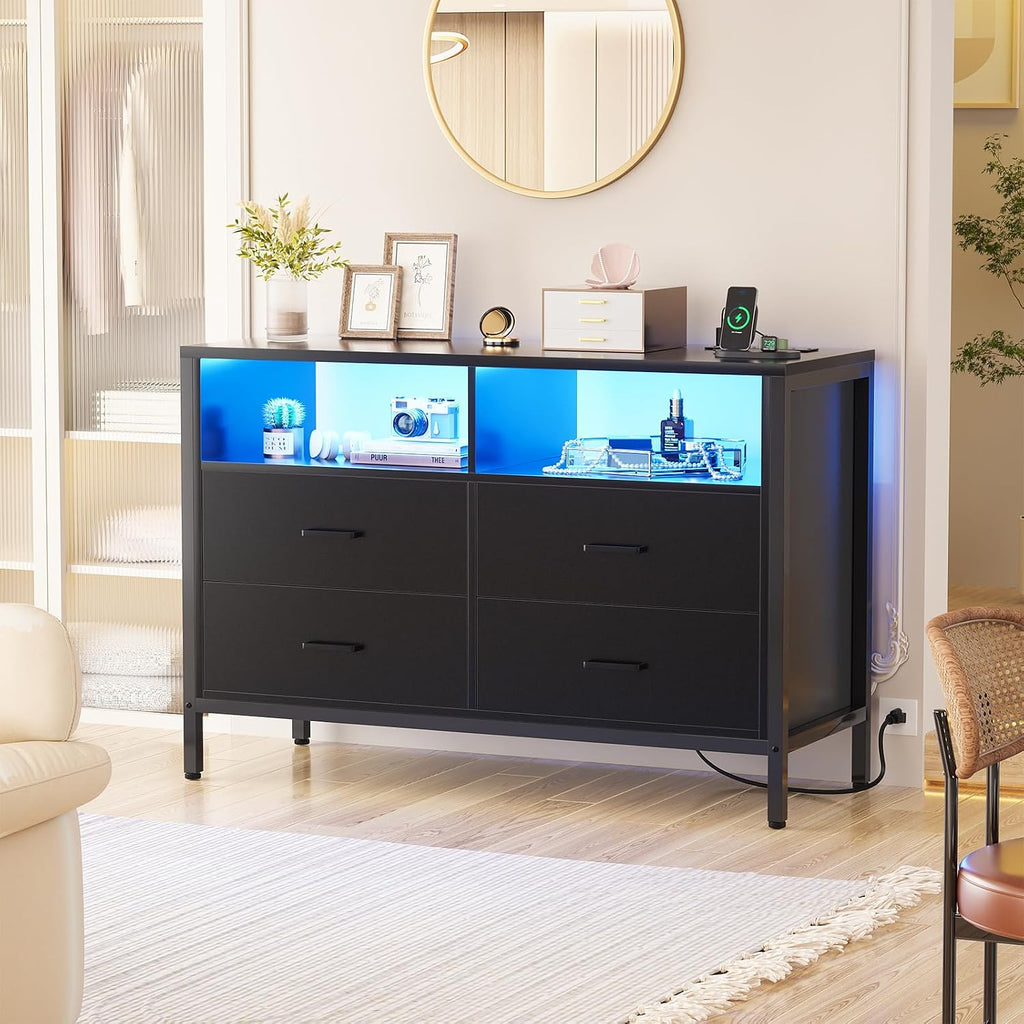 TV Stand Dresser with Power Outlets and LED Lights, 4 Wood Drawers Dresser, Entertainment Center with 2 Open Storage Shelf, Media Console Table for 50 43 Inch TV, Black