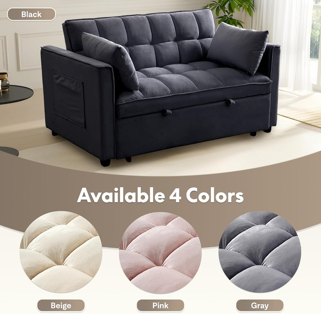 FLEXISPOT XCT4 Pull Out Couch, 3-in-1 Loveseat Sleeper Sofa Bed with Adjustable Backrest, Pillows, Side Pockets, Convertible Futon Sofa for Small Spaces, Apartment, Dorm, Guest Room, Black