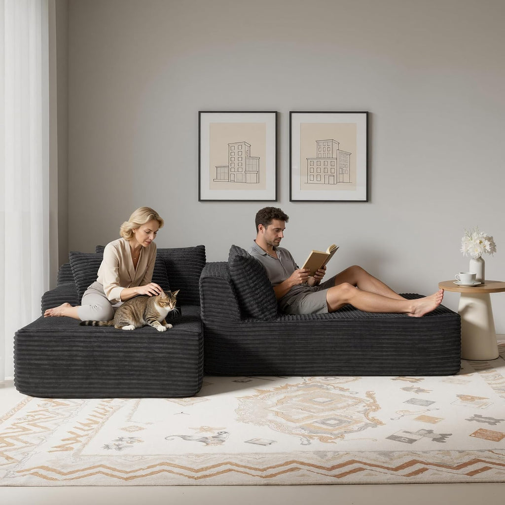 83' Oversized Double Chaise Lounge Indoor, Black Corduroy Chaise Lounge Chair, Upholstered Sleeper Sofa Bed, Deep Seat Sleeper Loveseat Reading Chairs, Boneless Cloud Couch for Living Room Bedroom