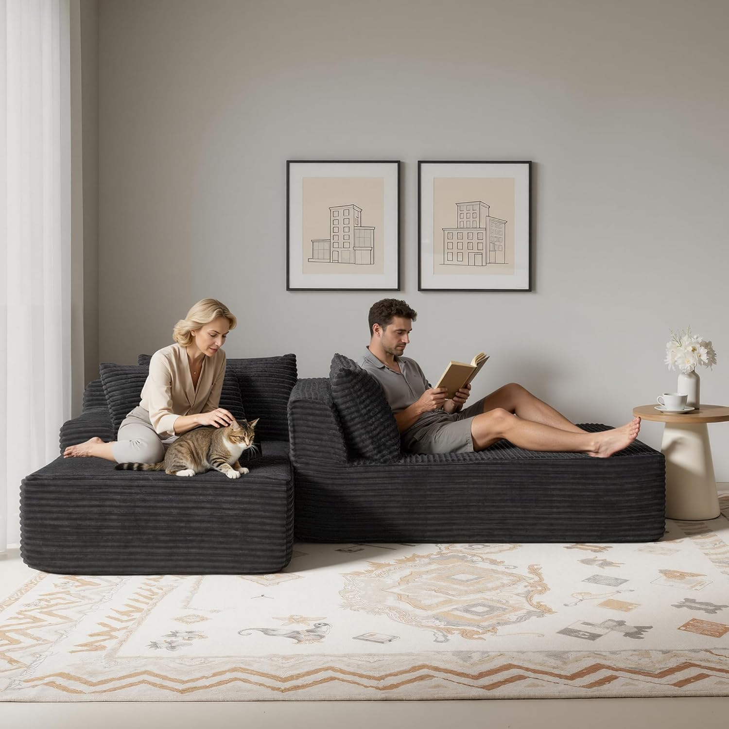83' Oversized Double Chaise Lounge Indoor, Black Corduroy Chaise Lounge Chair, Upholstered Sleeper Sofa Bed, Deep Seat Sleeper Loveseat Reading Chairs, Boneless Cloud Couch for Living Room Bedroom