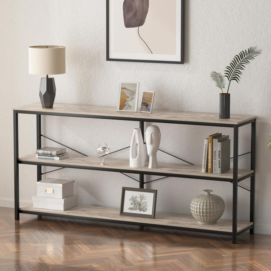 71 Inch Industrial Console Table Behind Couch, Extra Long Sofa Table with 3 Tier Wood Storage Shelves, TV Table with Metal Frame for Living Room, Foyer, Hallway (Oak Grey)