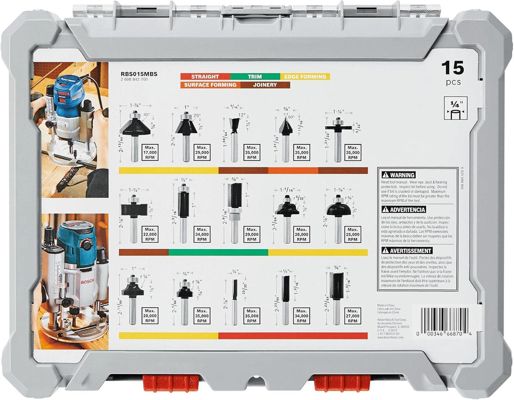 BOSCH 1617EVSPK Wood 12 Amp Router Tool Combo Kit - 2.25 Horsepower Plunge Router & Fixed Base with a Variable Speed&BOSCH 15 pc. Carbide-Tipped Wood Router Bit Set