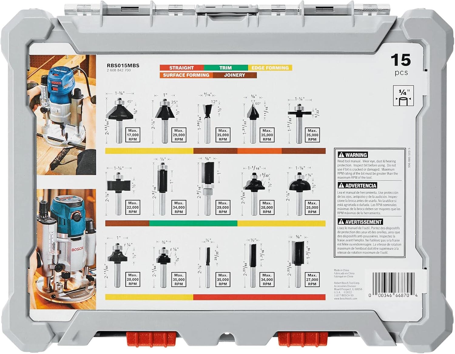 BOSCH 1617EVSPK Wood 12 Amp Router Tool Combo Kit - 2.25 Horsepower Plunge Router & Fixed Base with a Variable Speed&BOSCH 15 pc. Carbide-Tipped Wood Router Bit Set