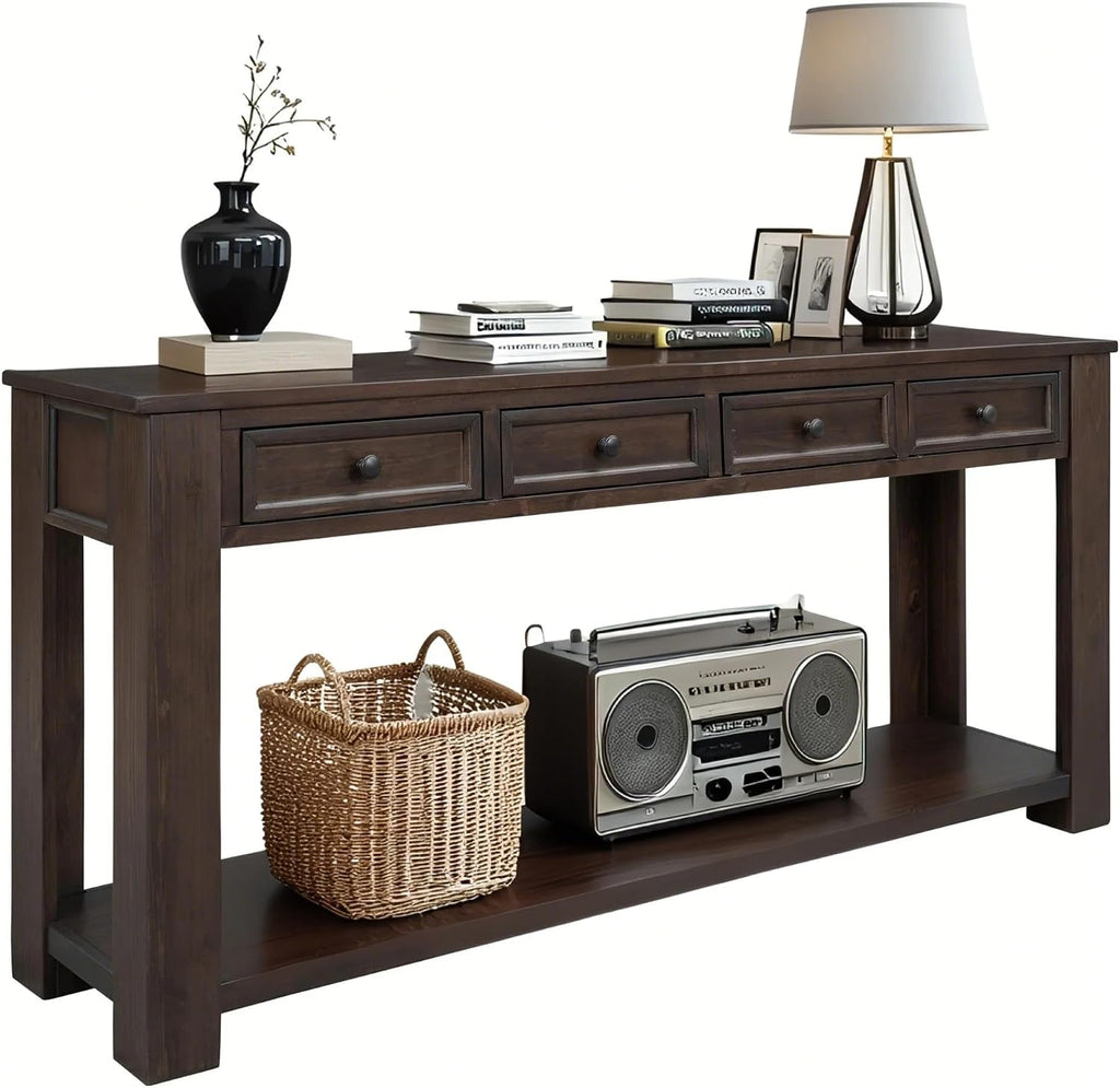 LKTART 63' Solid Wood Console Table Sofa Table with Storage Drawers and Bottom Shelf,Farmhouse Entryway Table for Hallway Foyer,Sofa Couch Table,Easy Assembled (63' Espresso)