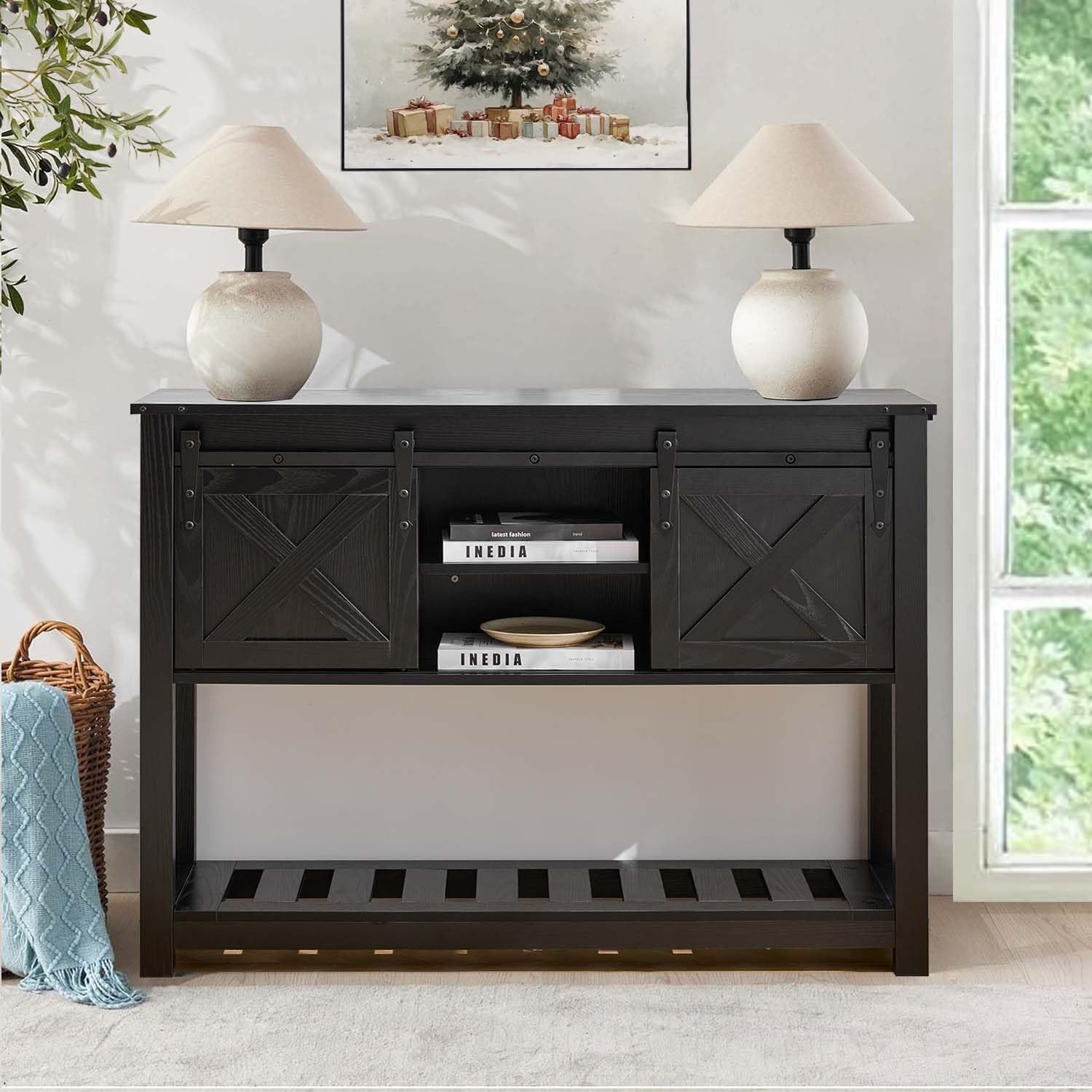 Black Farmhouse Entryway Table, Rustic Hallway Table with Storage Shelf, Sofa Table with Sliding Barn Doors for Hallway, Entryway, Living Room, Foyer
