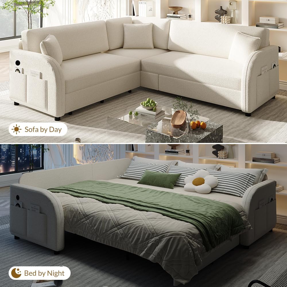 85.1'' Pull Out Couch Bed King Size, Convertible Sleeper Sofa, Upholstered 4-Seater L-Shaped Couch with Side Pockets, USB, 3 Pillows, Teddy Sectional Couches for Living Room, Apartment, Beige