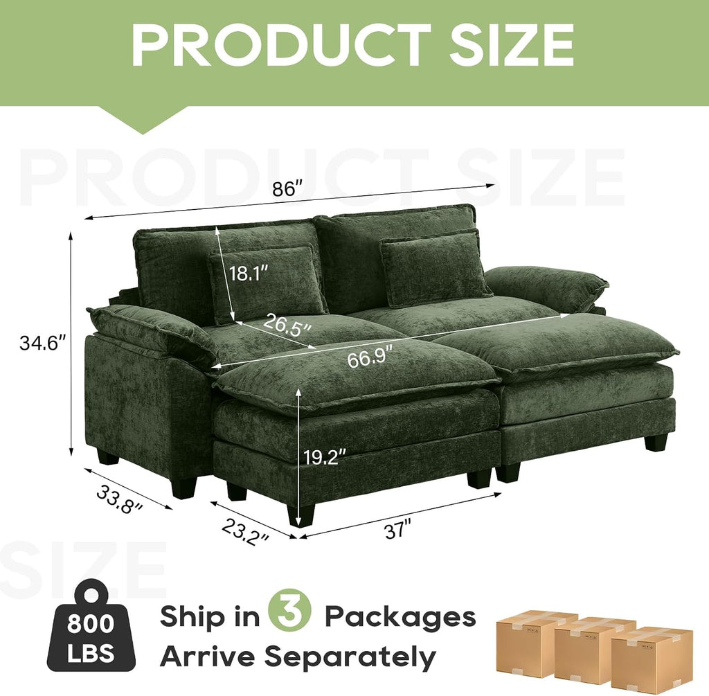 Oprisen 86' Modular Sectional Sofa, Comfy Cloud Couch Sectional Sofa with Ottoman, Chenille Sofa Sleeper Deep Seat Sofa with Throw Pillows for Living Room (Green)