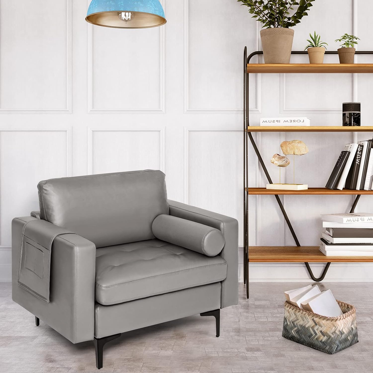 Giantex Single Sofa, Accent Chair, Armchair w/Comfy Cushion Bolster, Armrest Magazine Caddy Pockets, Living Room Upholstered Leisure Chair for Bedroom Reception Room Dark Grey