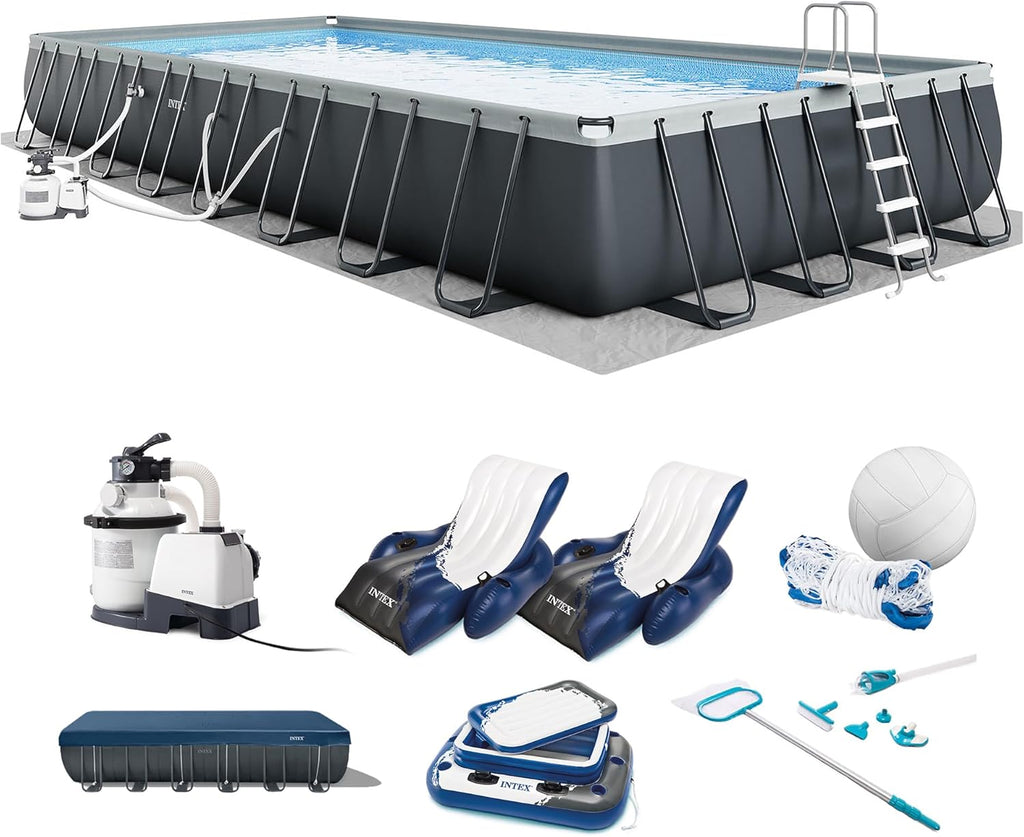 INTEX 26377EH Ultra XTR 32ft x 16ft x 52in Above Ground Swimming Pool Set with Sand Filter Pump, Inflatable Lounge Pool Recliners (2-Pack) and Inflatable Cooler