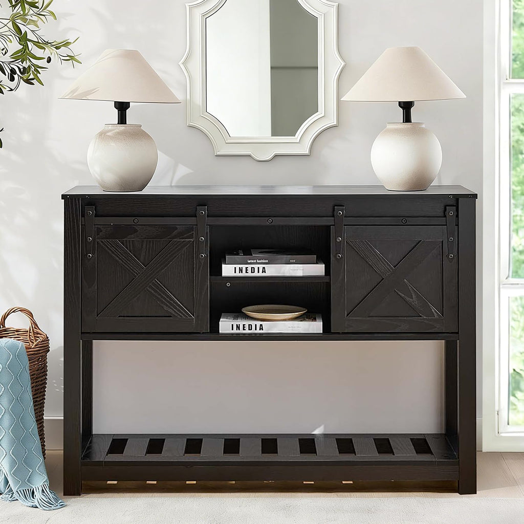 Black Farmhouse Entryway Table, Rustic Hallway Table with Storage Shelf, Sofa Table with Sliding Barn Doors for Hallway, Entryway, Living Room, Foyer