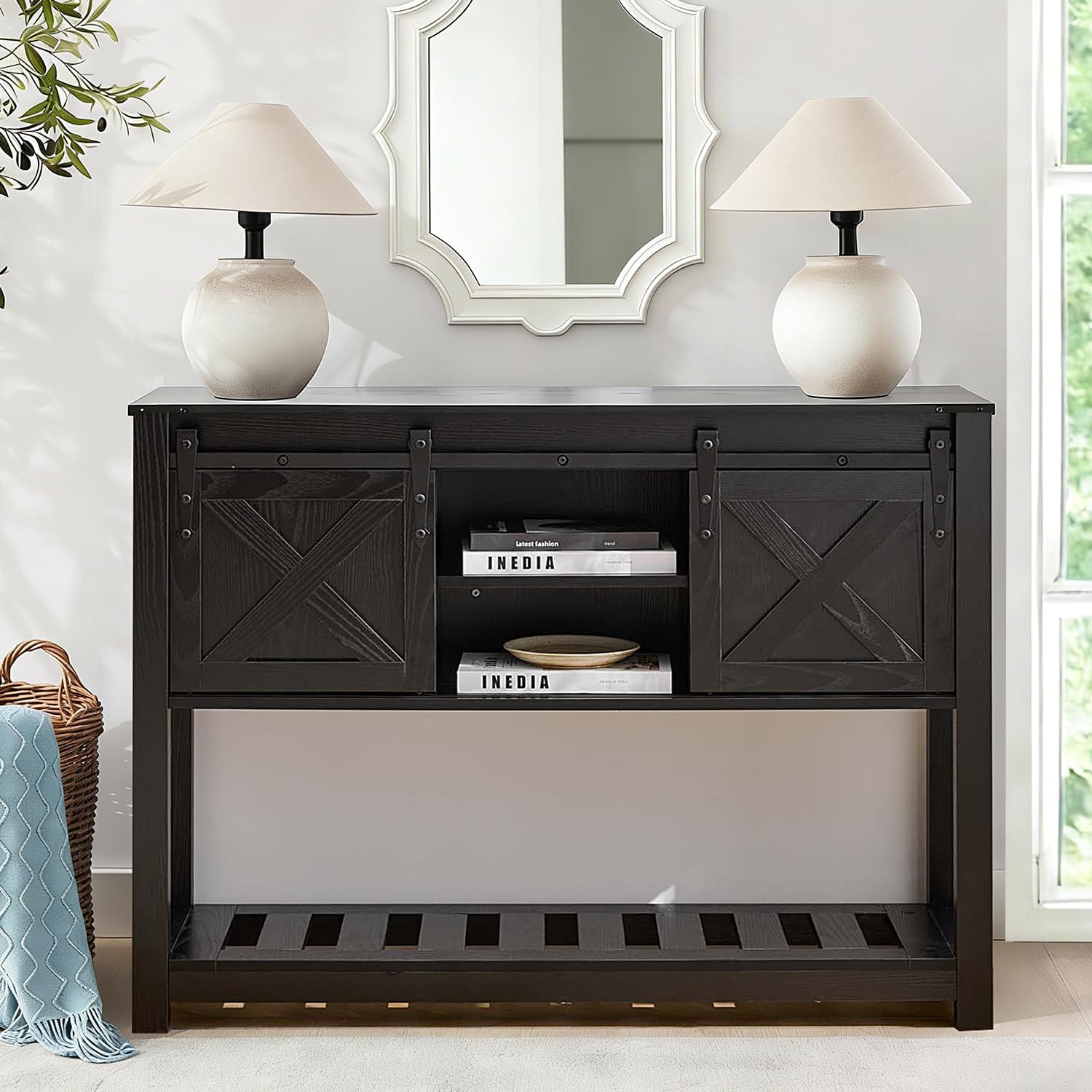 Black Farmhouse Entryway Table, Rustic Hallway Table with Storage Shelf, Sofa Table with Sliding Barn Doors for Hallway, Entryway, Living Room, Foyer