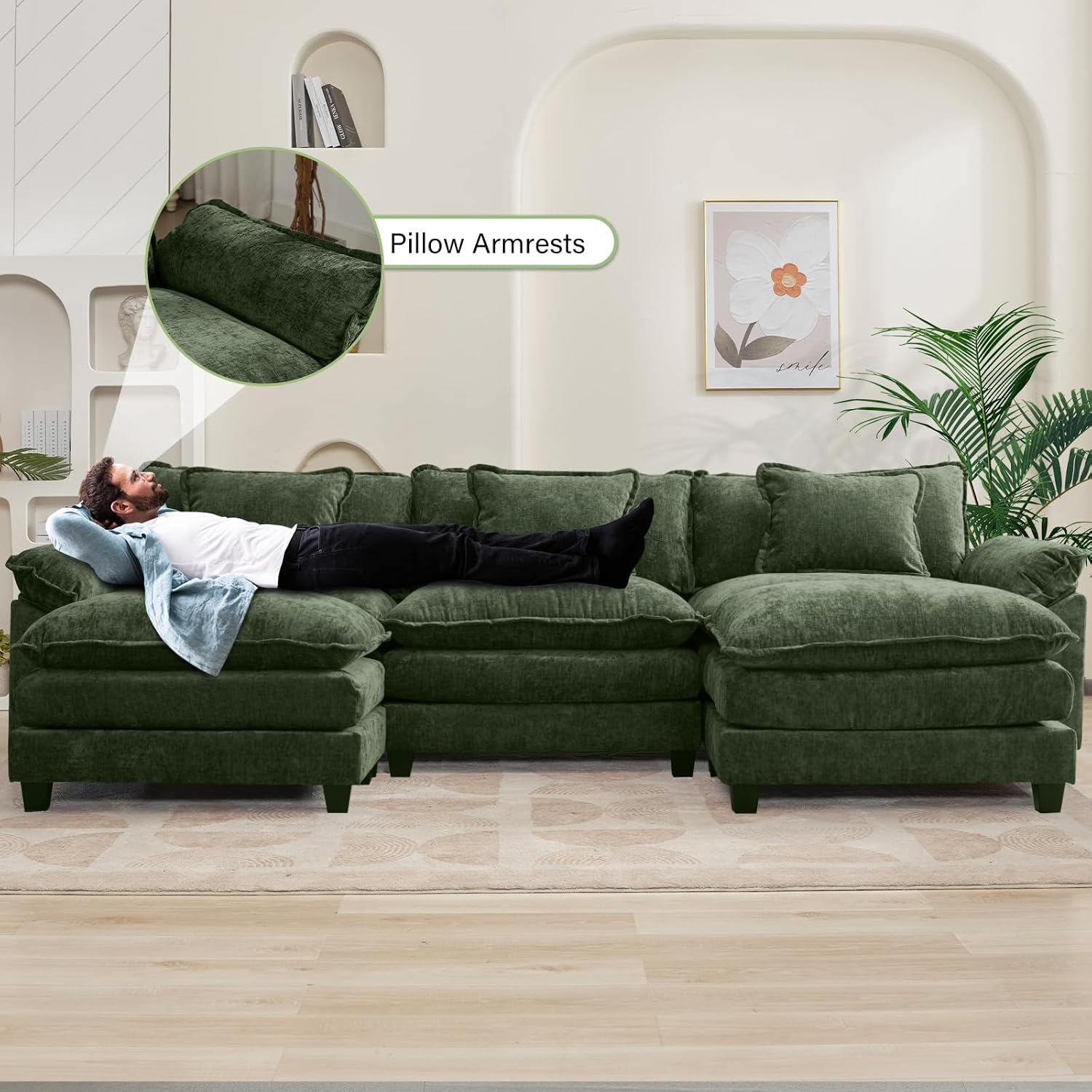 Oprisen 120' Modular Sectional Sofa, Comfy Cloud Couch Sectional Sofa with Ottoman, Chenille Sofa Sleeper Deep Seat Sofa with Throw Pillows for Living Room (Green, 120'- U Shape)
