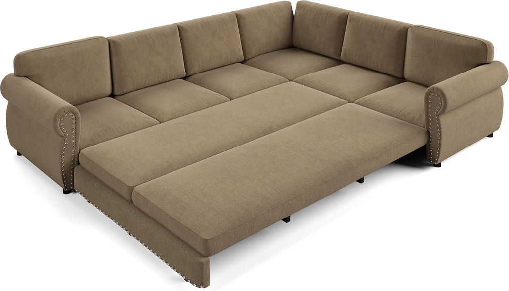 118'' Pull Out Couch, Convertible Sleeper Sofa Bed, Upholstered Sectional Sofa, Chenille L-Shaped Couch with Nailhead Trim, 6-Seater Modern Sectional Couches for Living Room,Bedroom, Camel