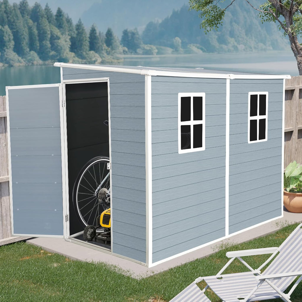 4x8 FT Outdoor Resin Storage Shed - Waterproof Garden Sheds with Lockable Double Doors,Windows and Floor for Lawn, Backyard, Patio, Tool Storage Use,Gray
