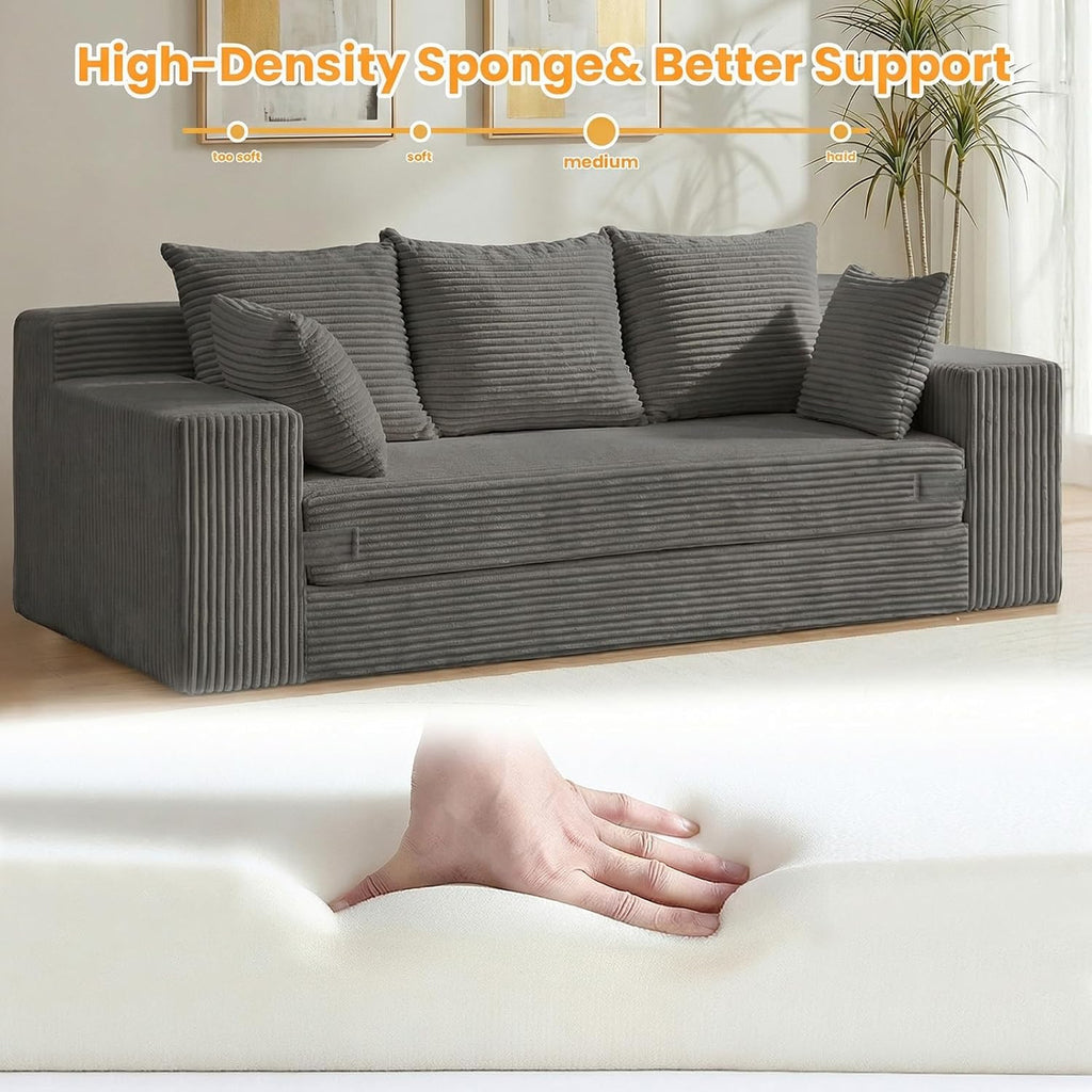Oversized Boneless Loveseat, 3 Seater Pull Out Convertible Sofa Bed, 70' Gray Boneless Couch Fold Out Floor Couch Sleeper Sofa with 5 Pillows for Living Room Bedroom Lounge Small Space