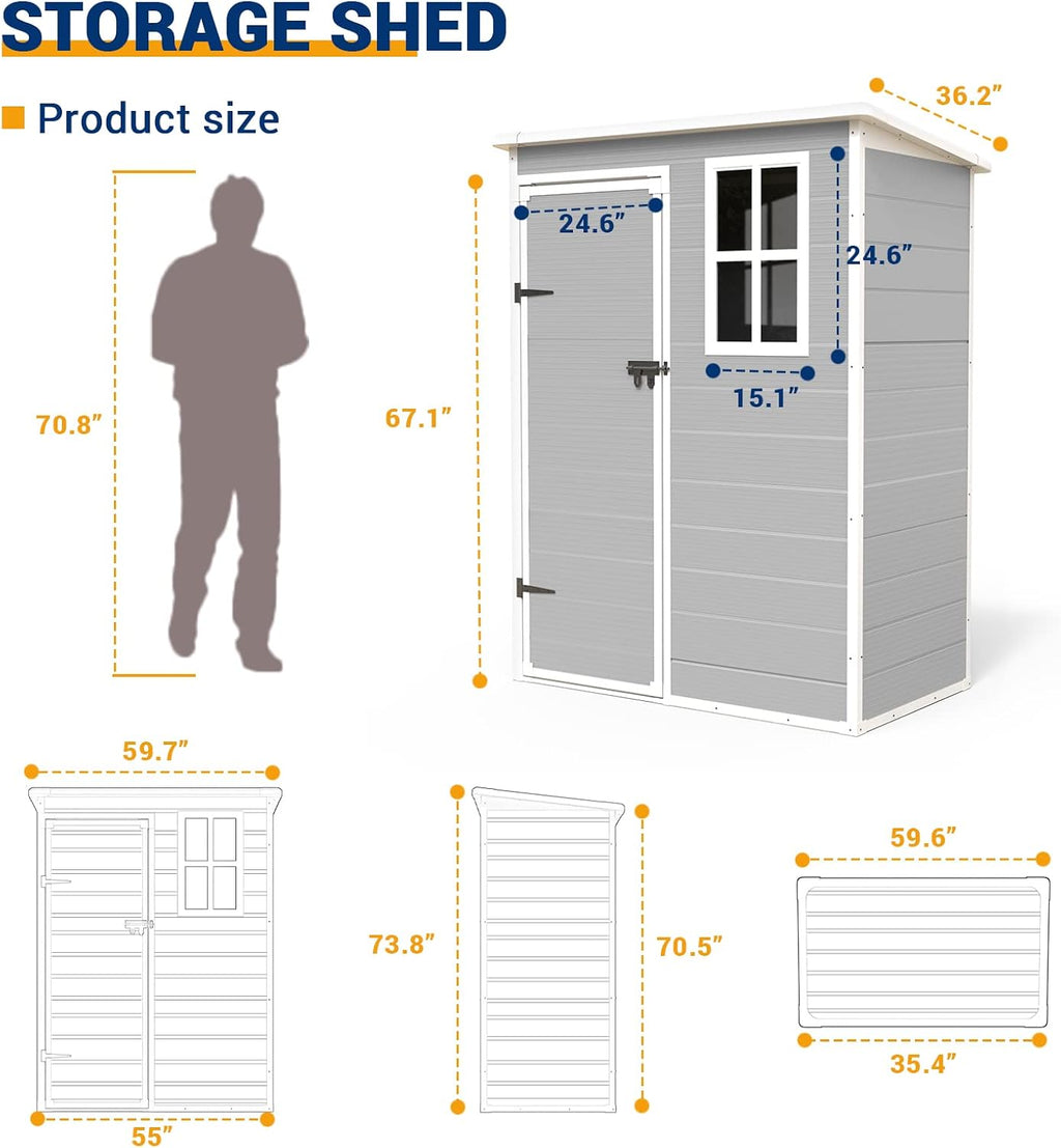 UDPATIO Outdoor Storage Shed 5x3 FT, Resin Garden Shed for Bike, Garbage Can, Tool, Plastic Outside Sheds & Outdoor Storage Storage Box with Lockable Door for Backyard, Patio, Lawn, Grey & White